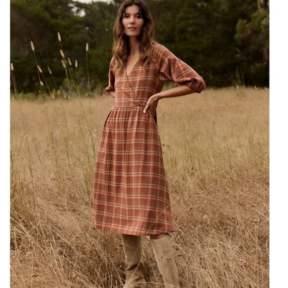 Pact Dresses & Skirts - PACT Fireside Flannel Crossover Dress Large Orange Plaid Fall Cotton Boho Modest